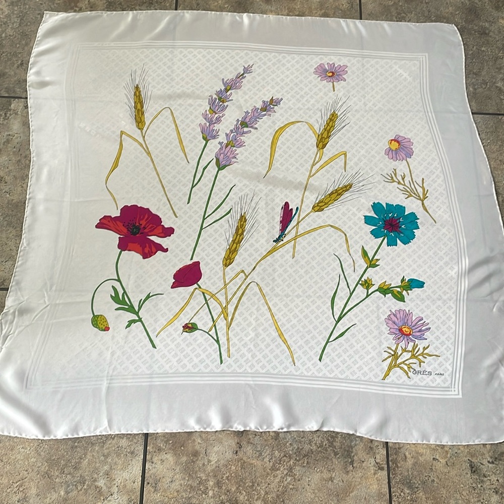 Vintage 70’s GRES Paris Grasshopper and Flower Silk Scarf